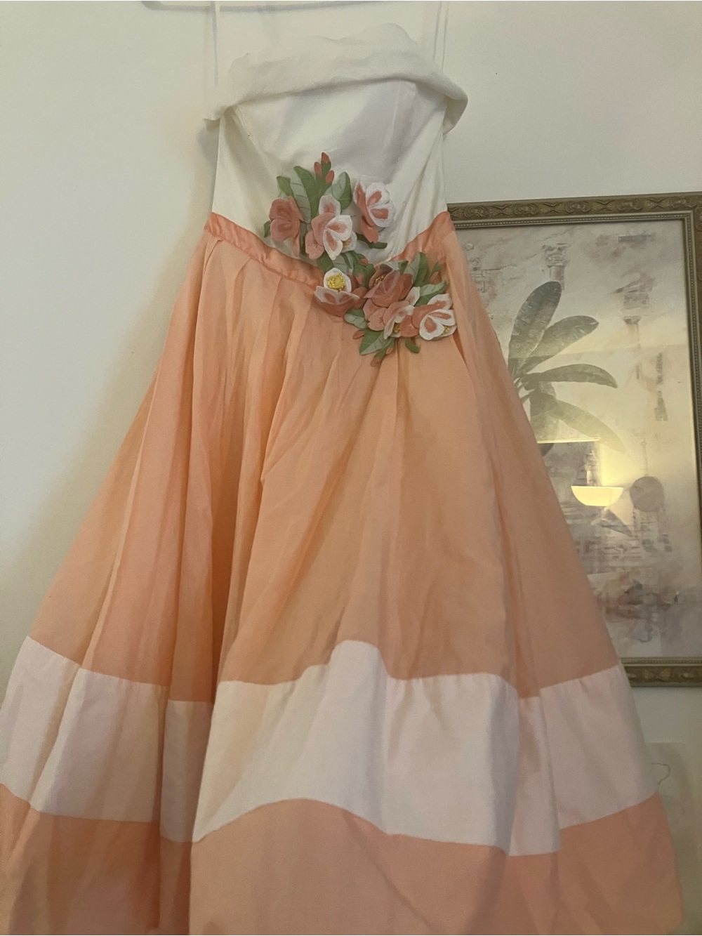 Betsey Johnson Peach and White Strapless Floral Appliqué Dress